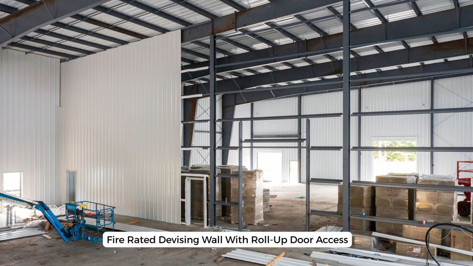 Fire-rated demising wall between the two bays